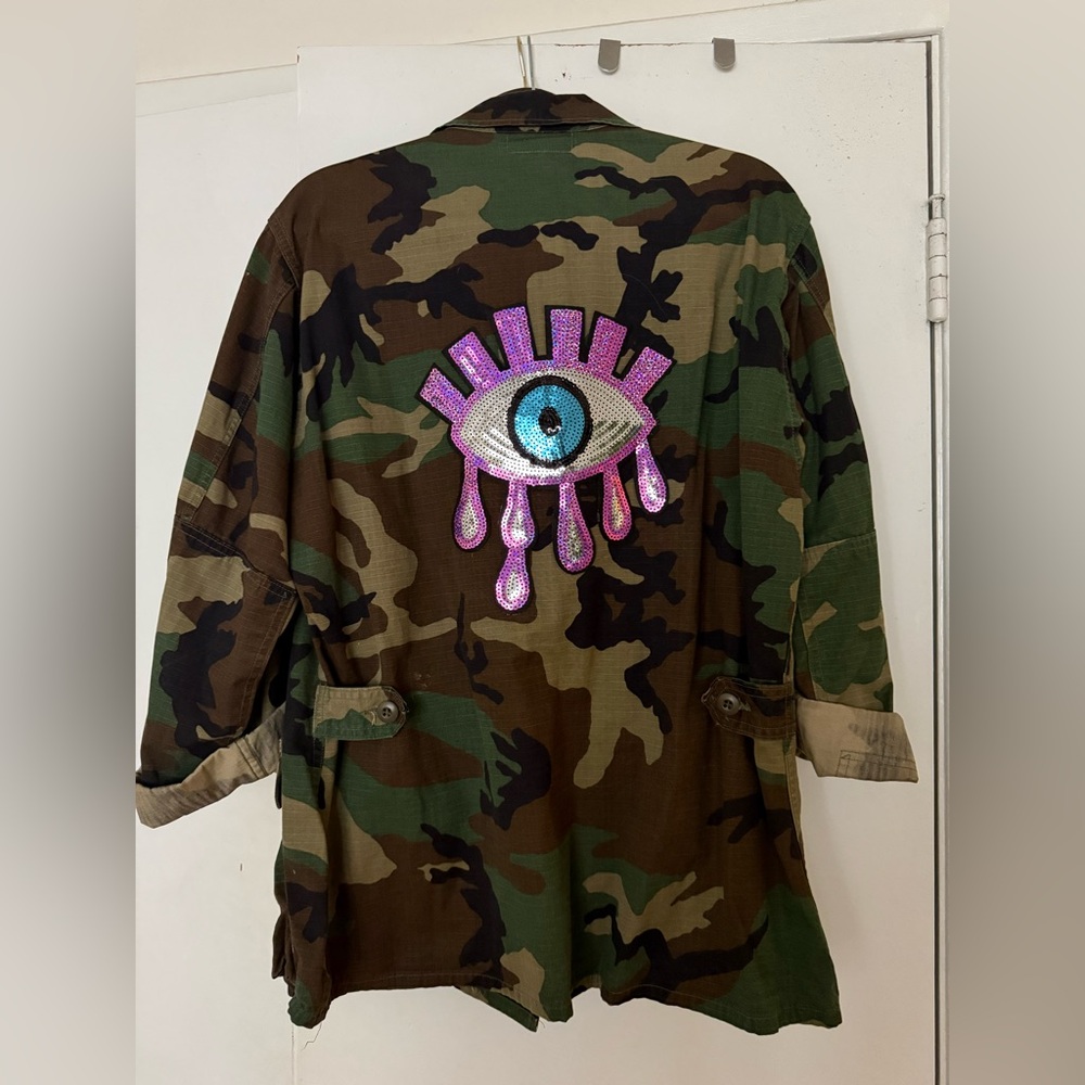 Vintage Army Camouflage Jacket with Sequin “Protective Eye” Art Detail